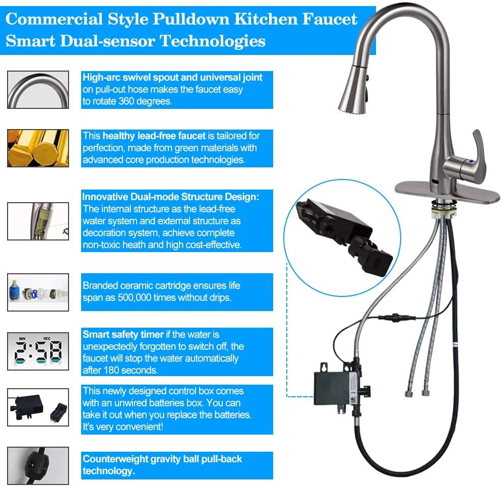 Pull out Single Handle Lever Automatic Touchless Touch Free No-Touch Motion Sensor Brass Body Bathroom Bidet Kitchen Sink Wash Basin Water Mixer Tap Faucet