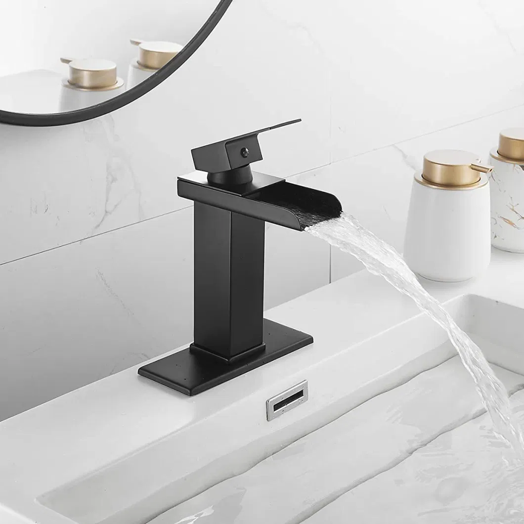 Aquacubic Waterfall Bathroom Basin Faucet Black Matt Sink Mixer Deck Mounted Single Lever Hot &amp; Cold Tap Bathroom Fixture