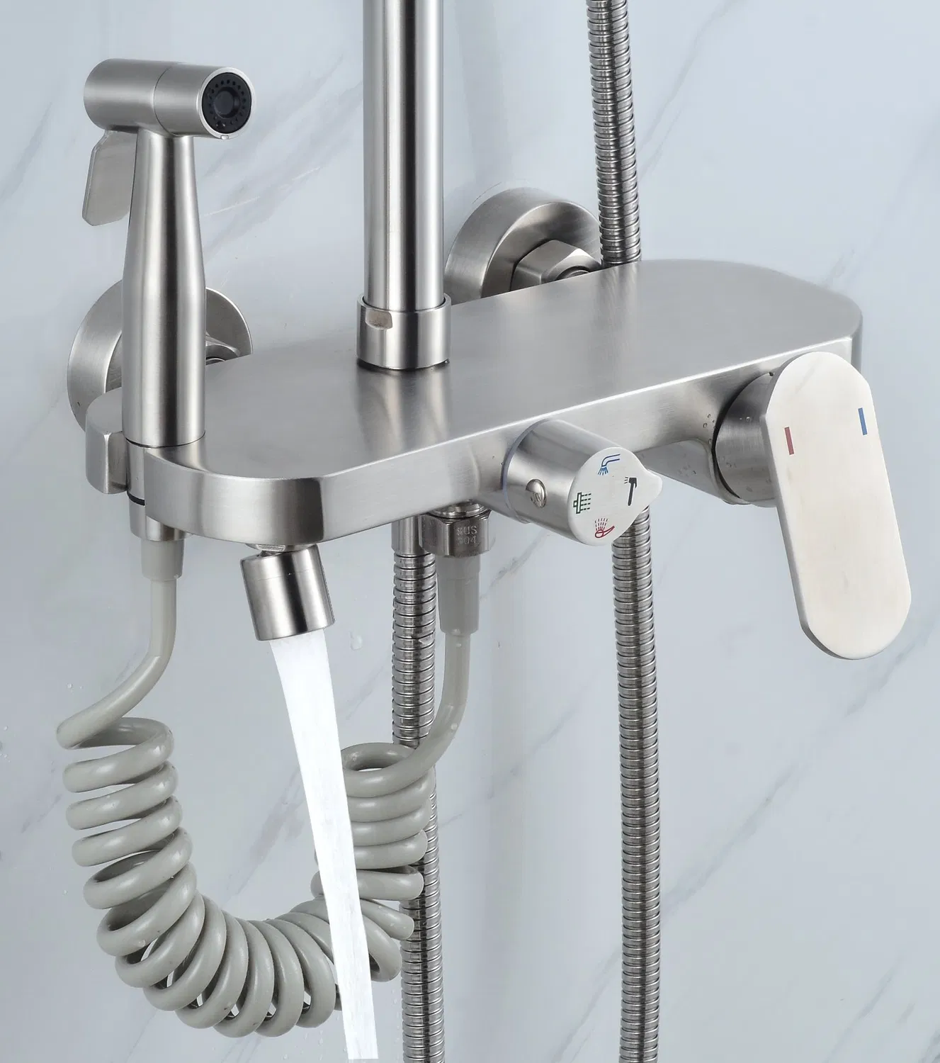 Outdoor Shower Fixtures SUS 304 Stainless Steel All Metal 4 Function Exposed Shower Faucet Set Brushed Nickel Shower system