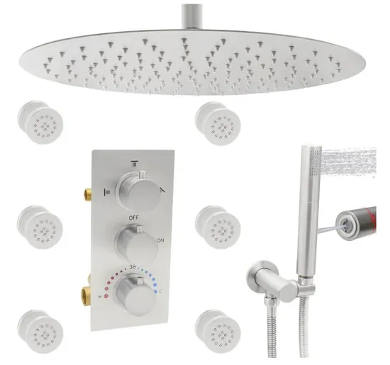 16 Inch Brushed Nickel Round Rainfall Shower Thermostatic System with Body Spray Massage Shower Faucet Complete Set 