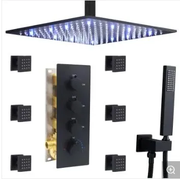 Luxury Black Multi Shower Head System 16inch LED Full Rain Shower System with Body Jets Rainfall Thermostatic Shower Large Flow 